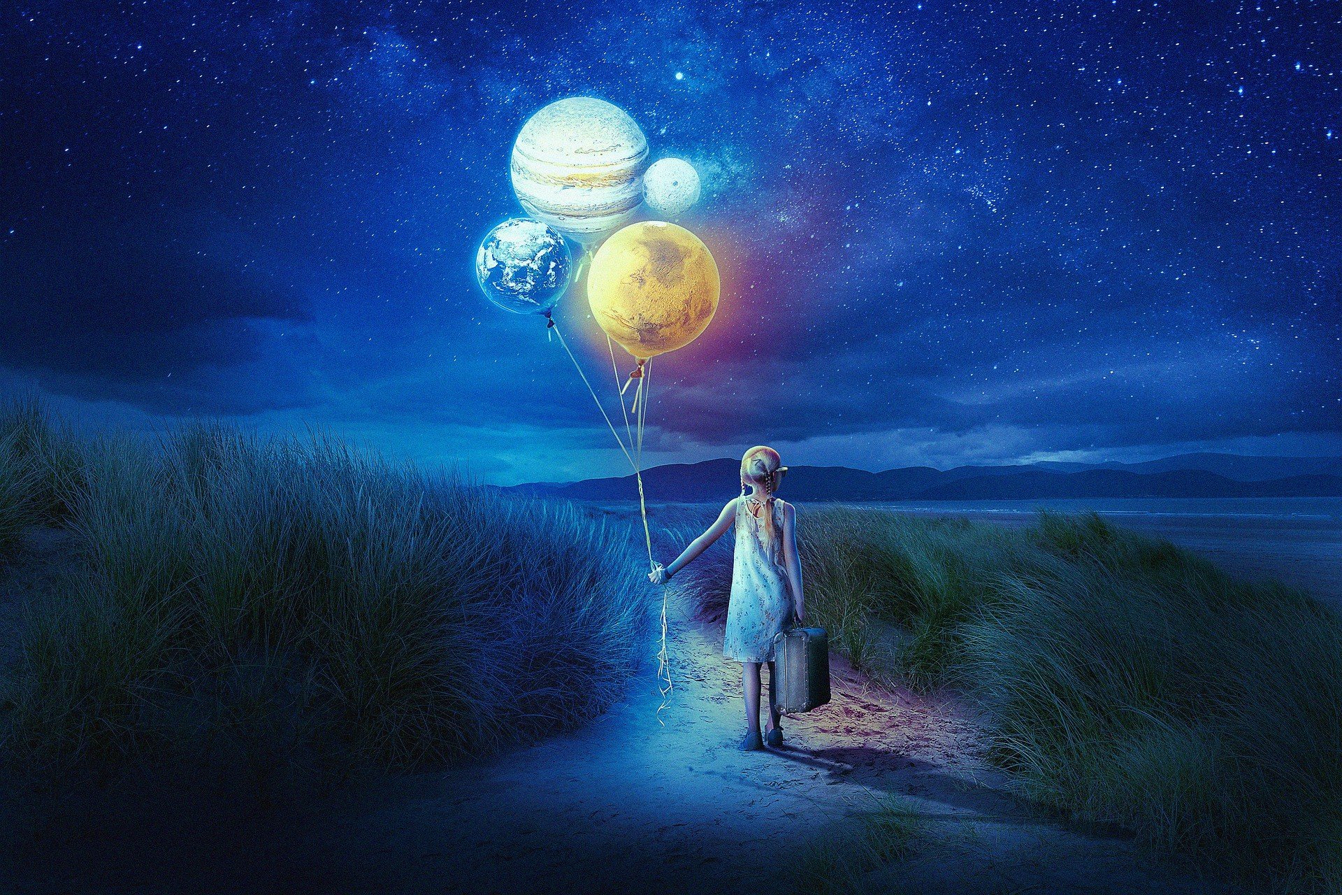 Illustration of a girl holding strings attached to the planets like a bouquet of balloons.